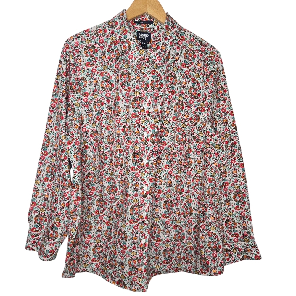 Lands End Womens Colorful Floral Paisley Print Cotton Button Up Shirt Size 22W